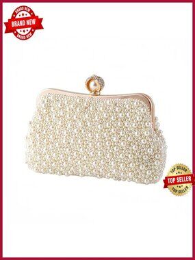 Pearl Beaded Evening Clutch Purse with Rhinestones and Detachable Chain Strap